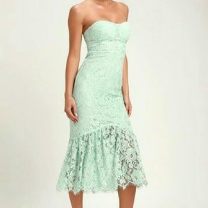 Divine Nights Mint Green Lace Strapless Midi Dress
